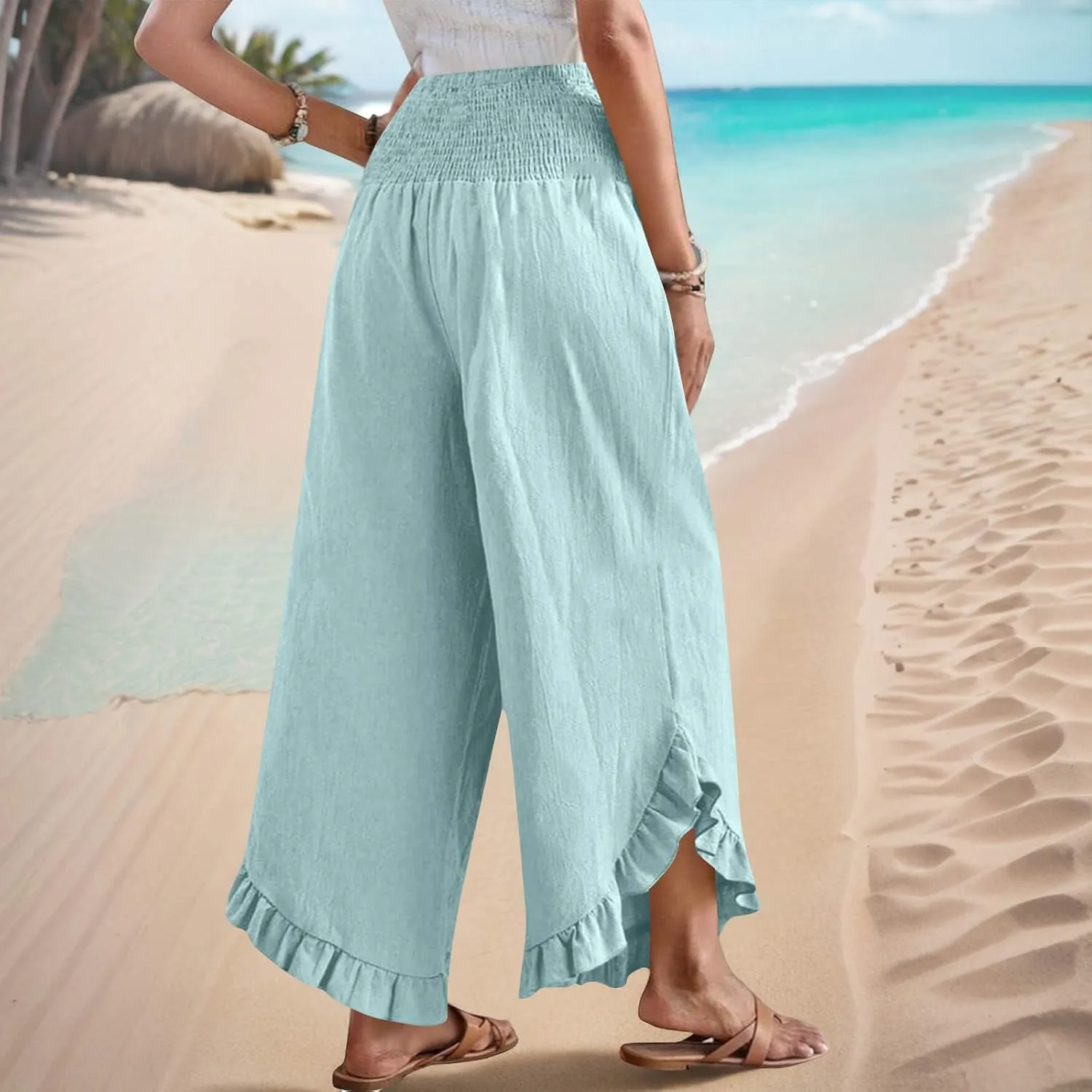 Linen Pants Women Summer Smocked Waist Ruffle Hem Palazzo Pant Wide Leg Boho Flowy Beach Pant with Pockets 2025