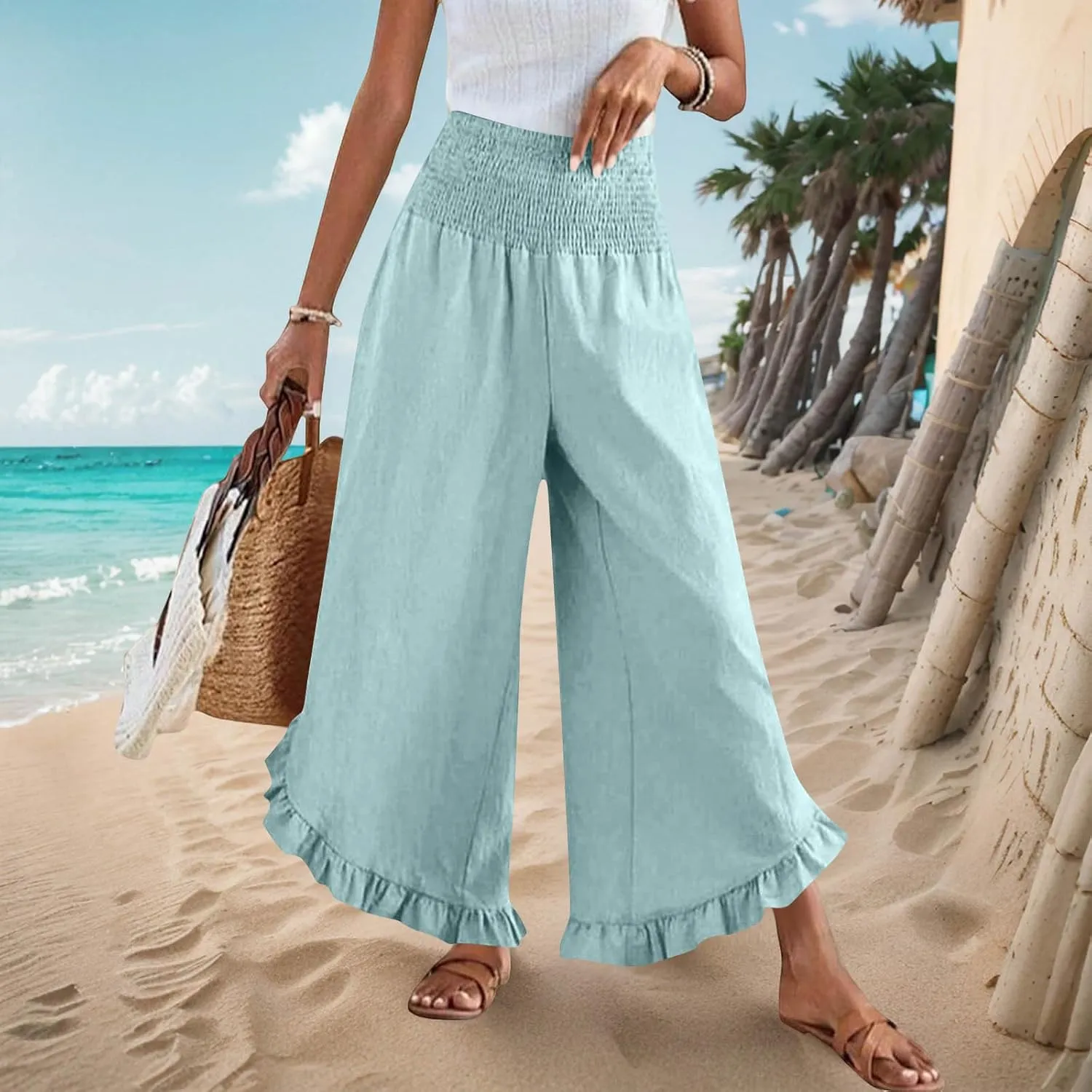 Linen Pants Women Summer Smocked Waist Ruffle Hem Palazzo Pant Wide Leg Boho Flowy Beach Pant with Pockets 2025