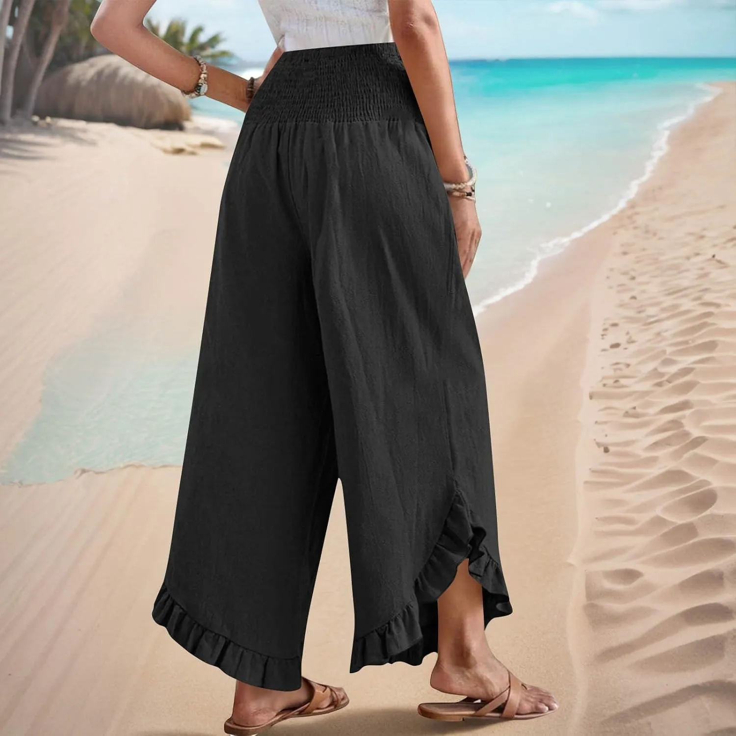 Linen Pants Women Summer Smocked Waist Ruffle Hem Palazzo Pant Wide Leg Boho Flowy Beach Pant with Pockets 2025
