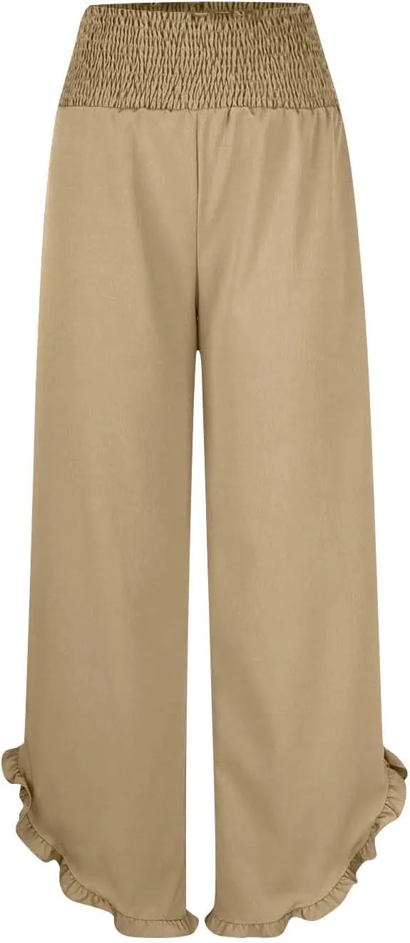 Linen Pants Women Summer Smocked Waist Ruffle Hem Palazzo Pant Wide Leg Boho Flowy Beach Pant with Pockets 2025