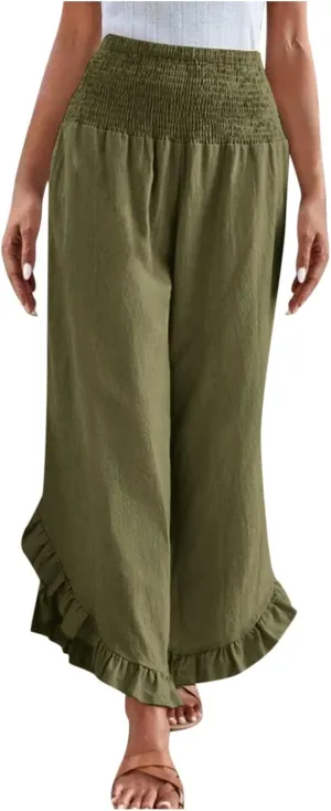 Linen Pants Women Summer Smocked Waist Ruffle Hem Palazzo Pant Wide Leg Boho Flowy Beach Pant with Pockets 2025