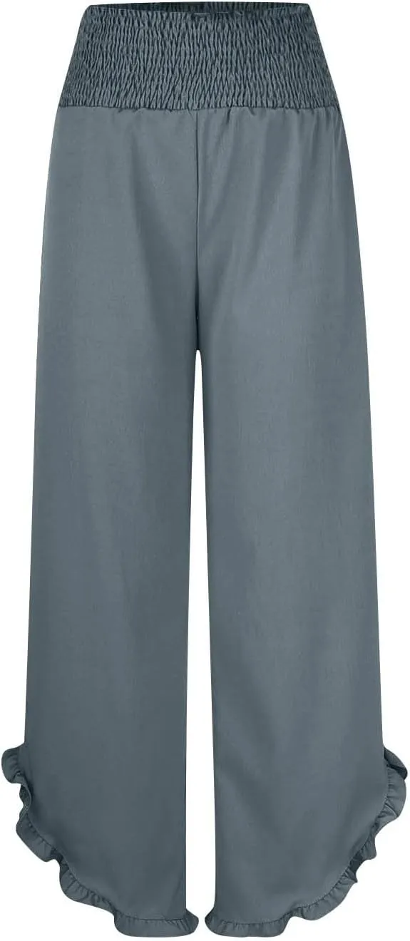 Linen Pants Women Summer Smocked Waist Ruffle Hem Palazzo Pant Wide Leg Boho Flowy Beach Pant with Pockets 2025