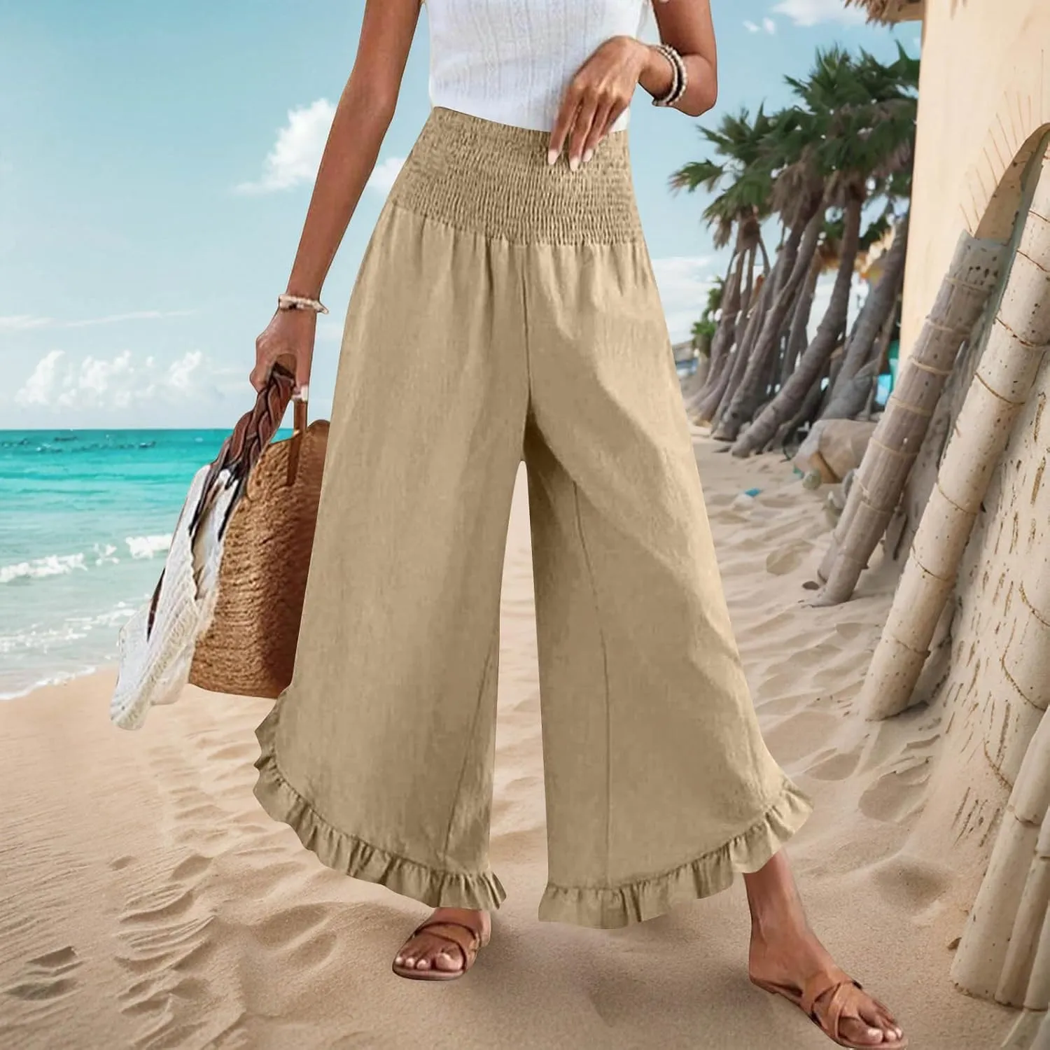 Linen Pants Women Summer Smocked Waist Ruffle Hem Palazzo Pant Wide Leg Boho Flowy Beach Pant with Pockets 2025