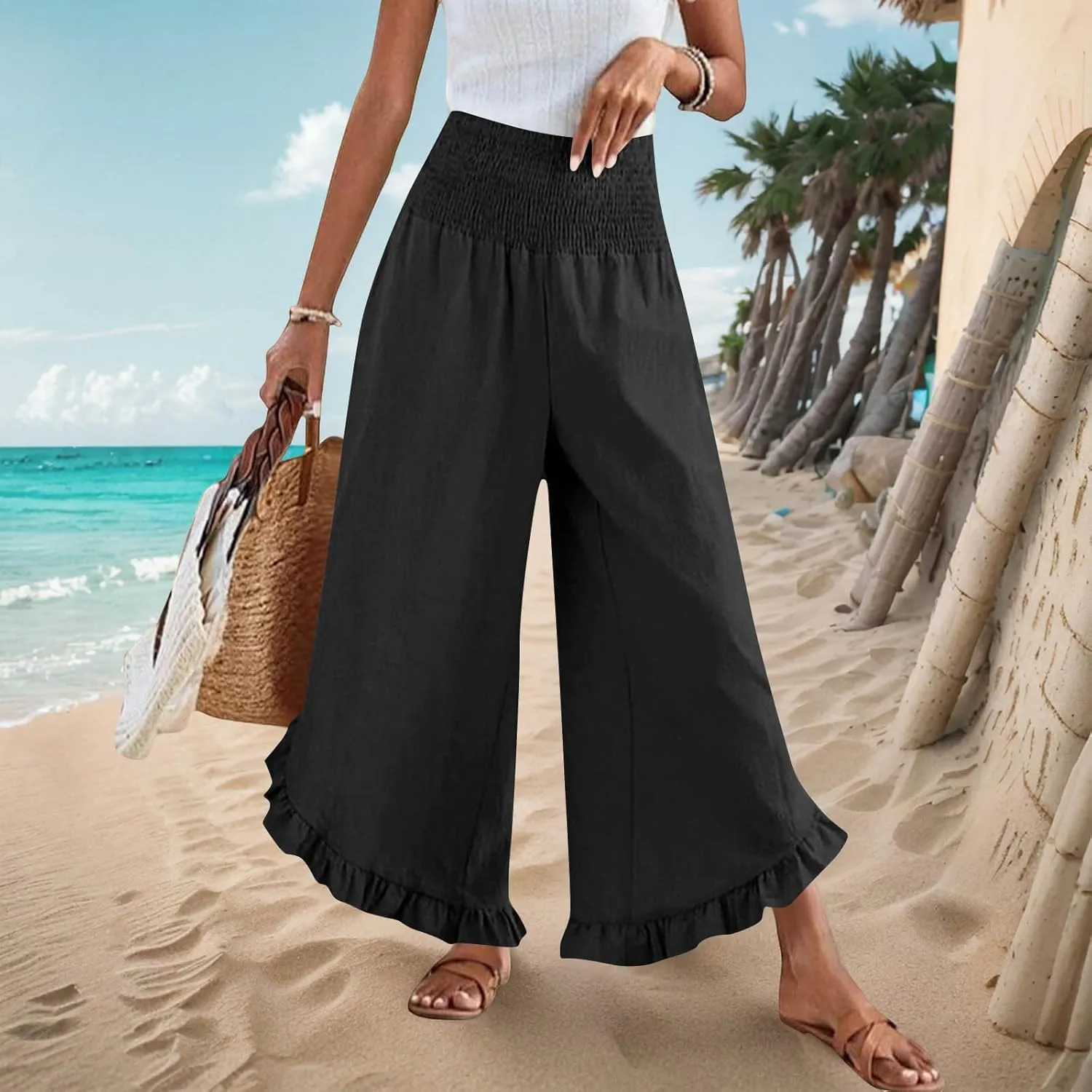 Linen Pants Women Summer Smocked Waist Ruffle Hem Palazzo Pant Wide Leg Boho Flowy Beach Pant with Pockets 2025