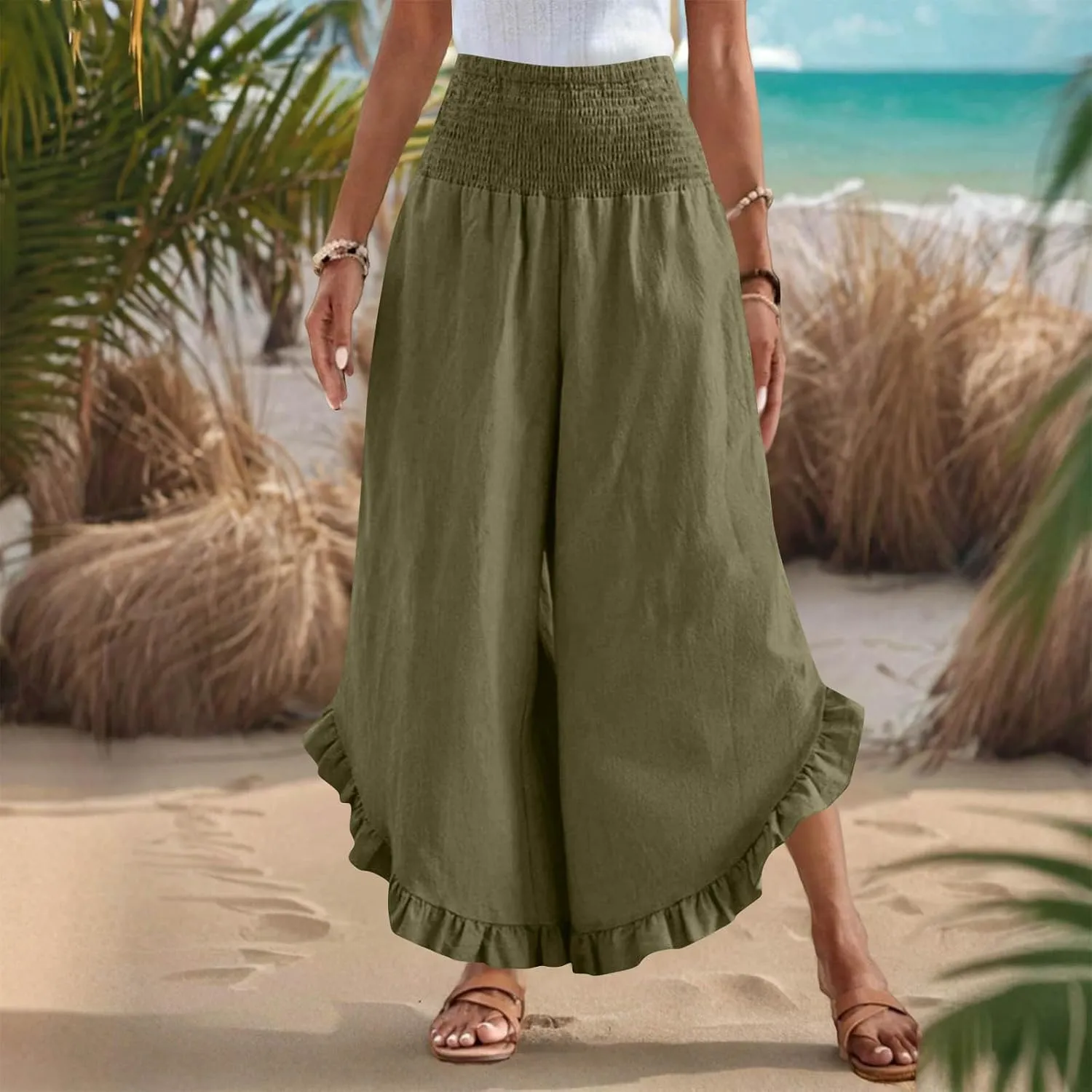 Linen Pants Women Summer Smocked Waist Ruffle Hem Palazzo Pant Wide Leg Boho Flowy Beach Pant with Pockets 2025
