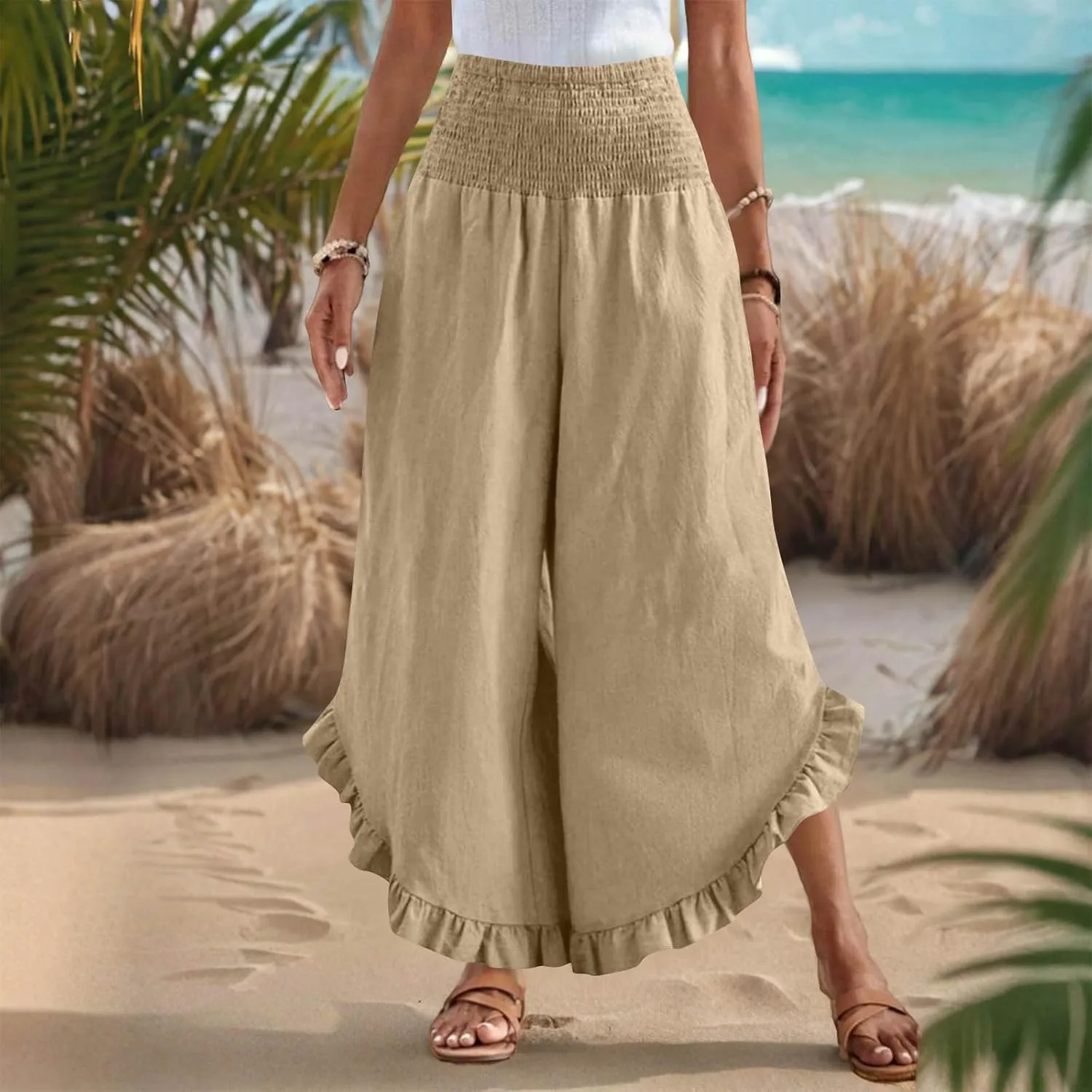 Linen Pants Women Summer Smocked Waist Ruffle Hem Palazzo Pant Wide Leg Boho Flowy Beach Pant with Pockets 2025