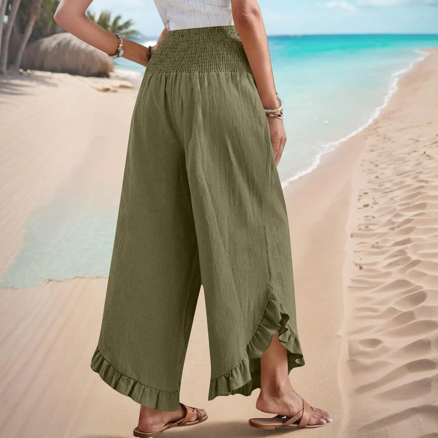 Linen Pants Women Summer Smocked Waist Ruffle Hem Palazzo Pant Wide Leg Boho Flowy Beach Pant with Pockets 2025