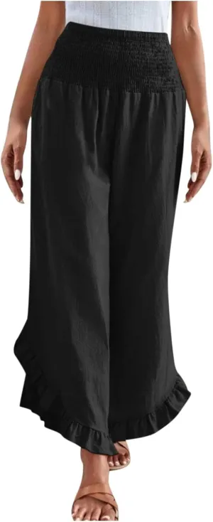 Linen Pants Women Summer Smocked Waist Ruffle Hem Palazzo Pant Wide Leg Boho Flowy Beach Pant with Pockets 2025