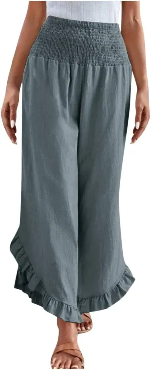 Linen Pants Women Summer Smocked Waist Ruffle Hem Palazzo Pant Wide Leg Boho Flowy Beach Pant with Pockets 2025