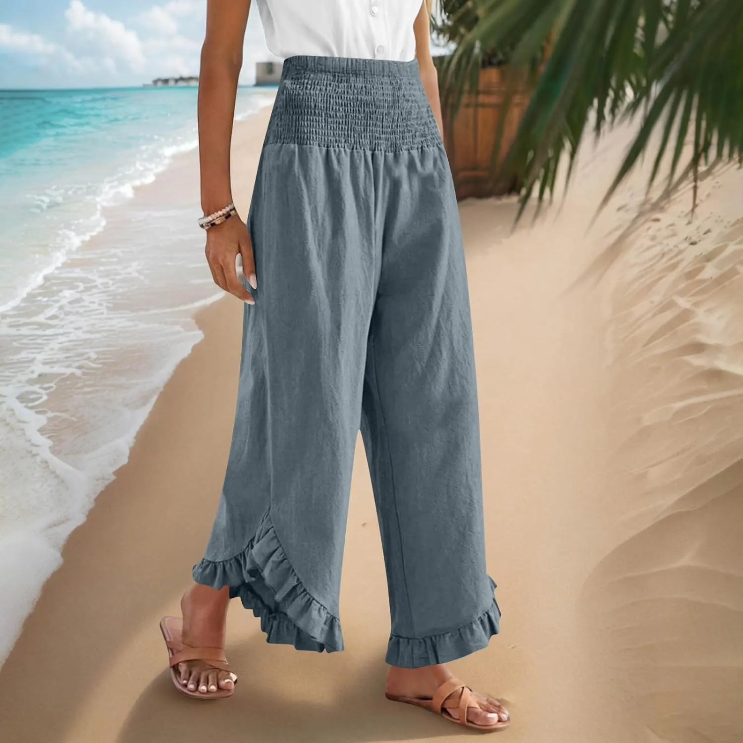 Linen Pants Women Summer Smocked Waist Ruffle Hem Palazzo Pant Wide Leg Boho Flowy Beach Pant with Pockets 2025