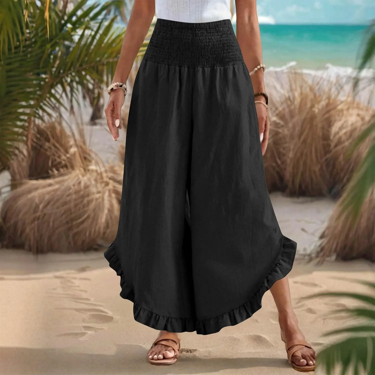 Linen Pants Women Summer Smocked Waist Ruffle Hem Palazzo Pant Wide Leg Boho Flowy Beach Pant with Pockets 2025