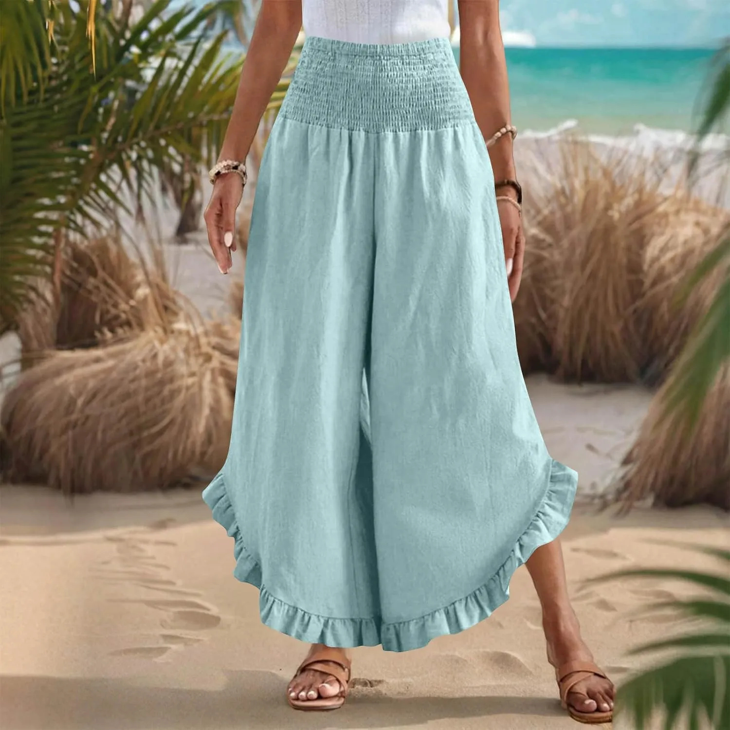 Linen Pants Women Summer Smocked Waist Ruffle Hem Palazzo Pant Wide Leg Boho Flowy Beach Pant with Pockets 2025