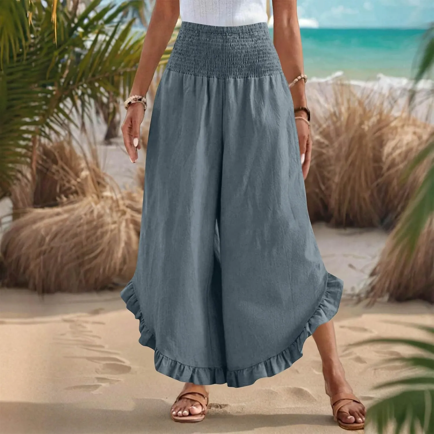 Linen Pants Women Summer Smocked Waist Ruffle Hem Palazzo Pant Wide Leg Boho Flowy Beach Pant with Pockets 2025