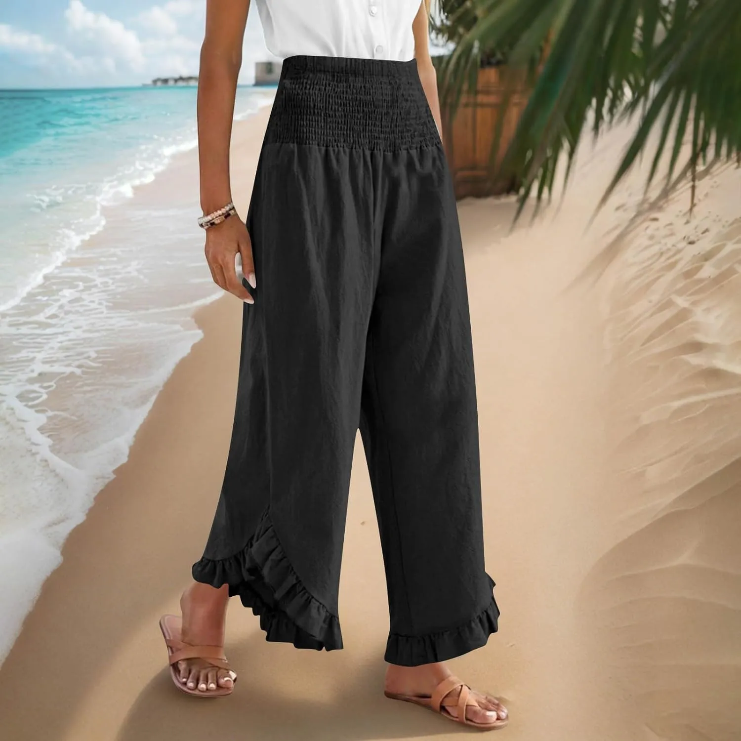 Linen Pants Women Summer Smocked Waist Ruffle Hem Palazzo Pant Wide Leg Boho Flowy Beach Pant with Pockets 2025