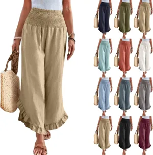 Linen Pants Women Summer Smocked Waist Ruffle Hem Palazzo Pant Wide Leg Boho Flowy Beach Pant with Pockets 2025