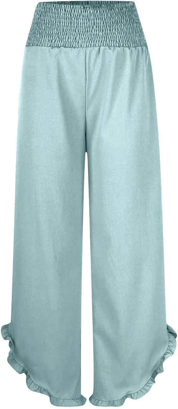 Linen Pants Women Summer Smocked Waist Ruffle Hem Palazzo Pant Wide Leg Boho Flowy Beach Pant with Pockets 2025