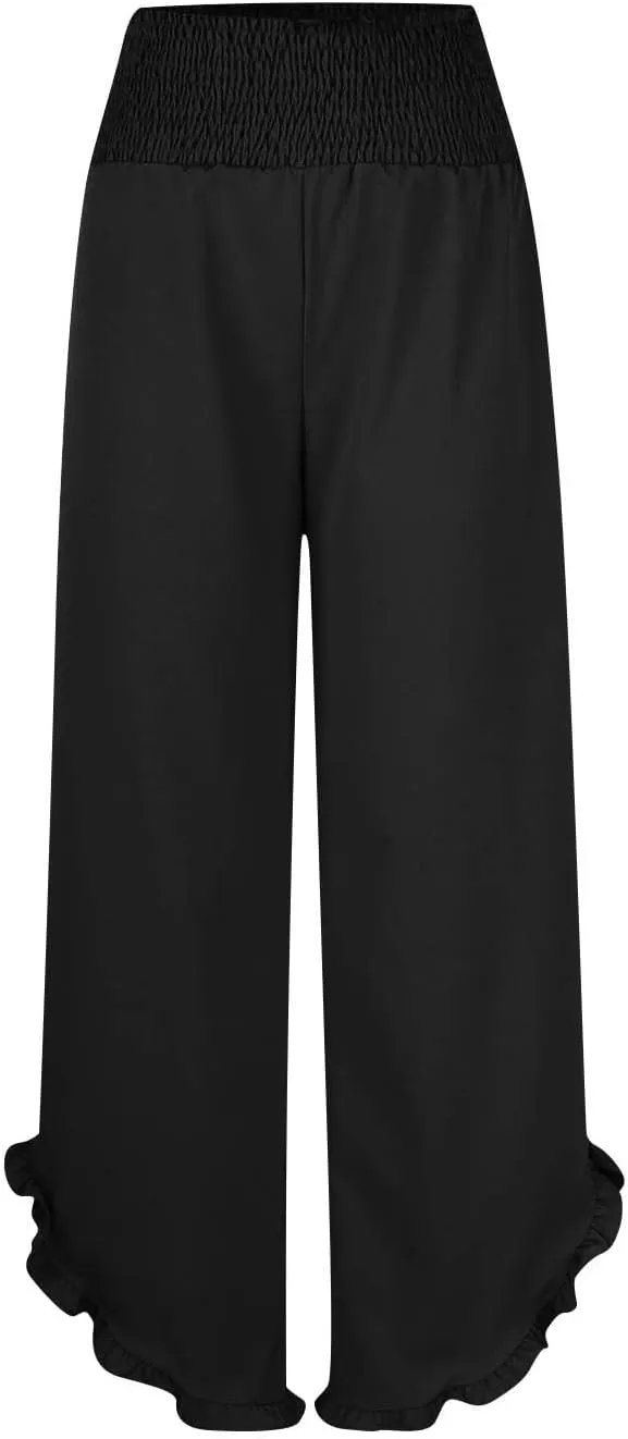 Linen Pants Women Summer Smocked Waist Ruffle Hem Palazzo Pant Wide Leg Boho Flowy Beach Pant with Pockets 2025