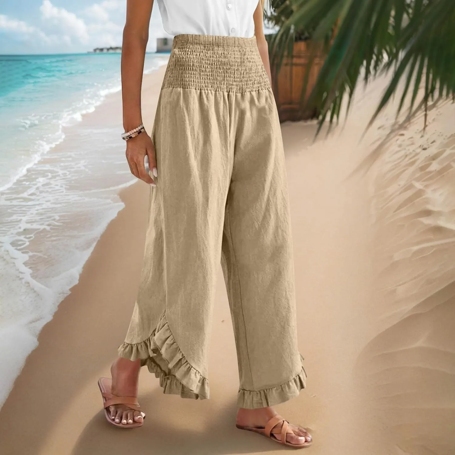 Linen Pants Women Summer Smocked Waist Ruffle Hem Palazzo Pant Wide Leg Boho Flowy Beach Pant with Pockets 2025