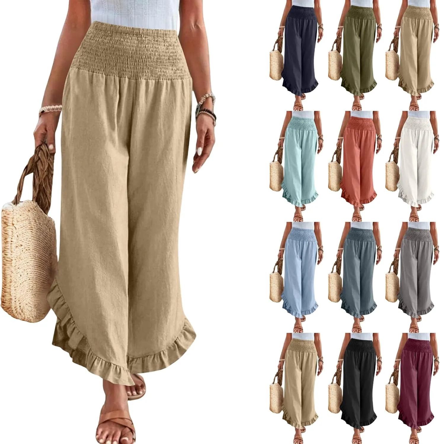 Linen Pants Women Summer Smocked Waist Ruffle Hem Palazzo Pant Wide Leg Boho Flowy Beach Pant with Pockets 2025