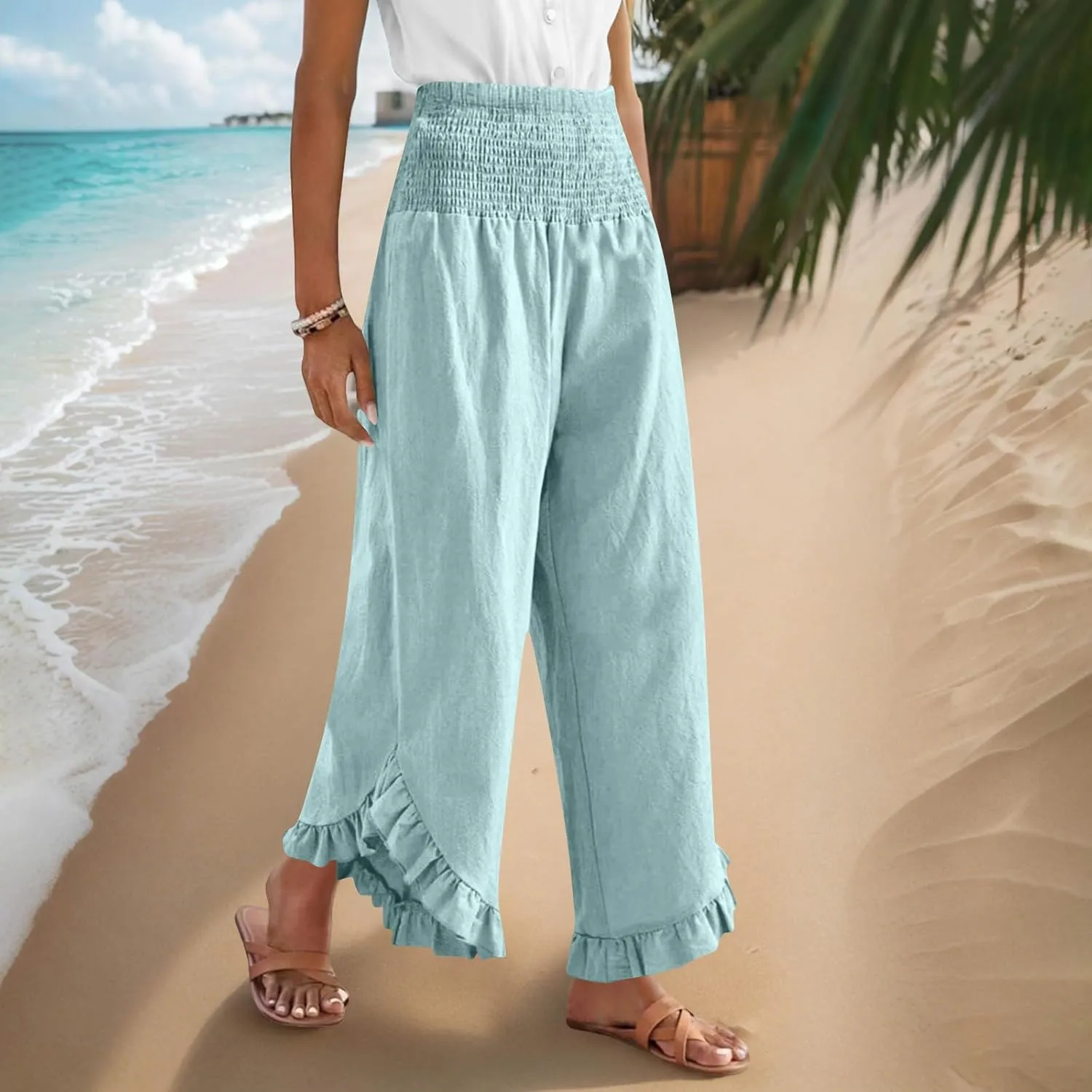 Linen Pants Women Summer Smocked Waist Ruffle Hem Palazzo Pant Wide Leg Boho Flowy Beach Pant with Pockets 2025
