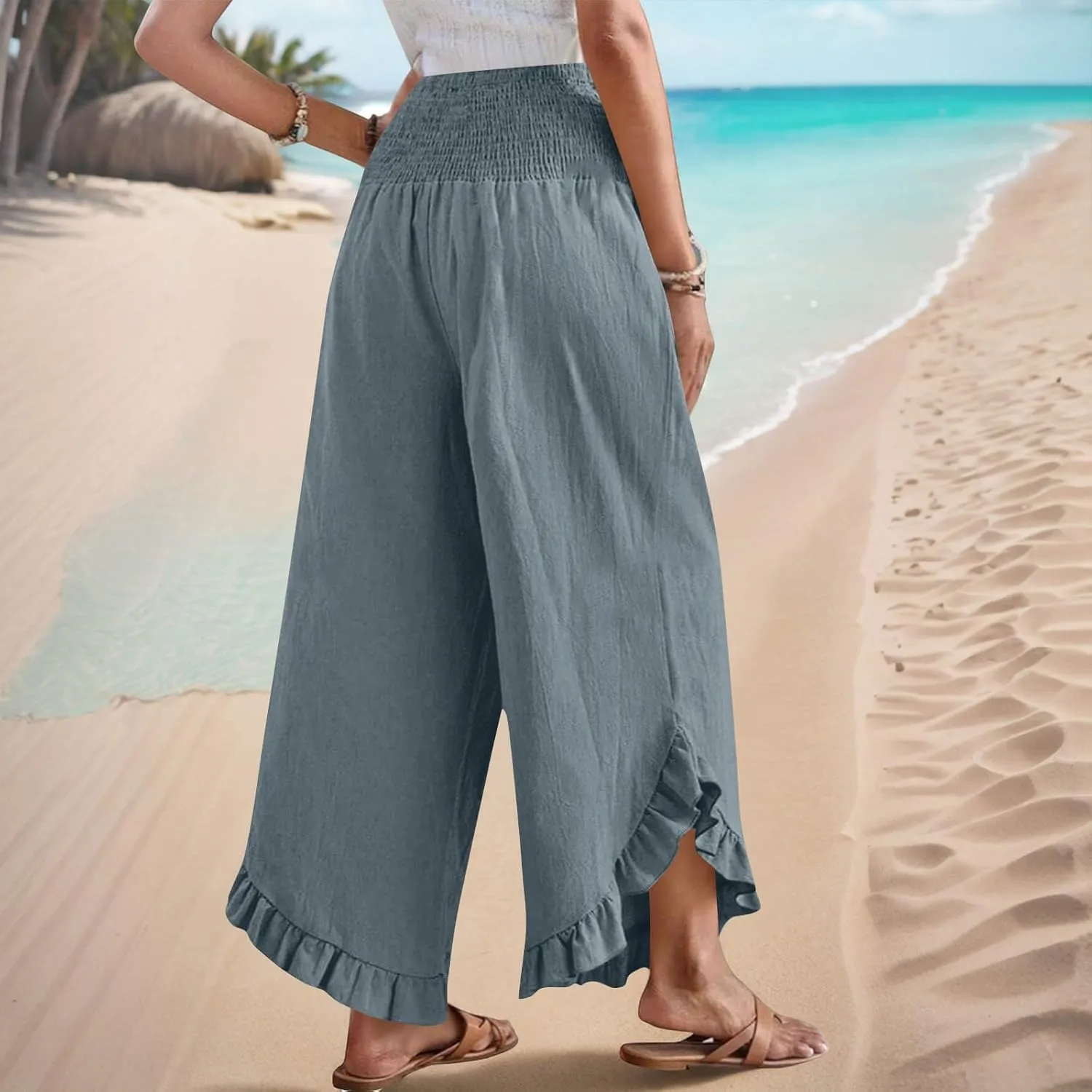 Linen Pants Women Summer Smocked Waist Ruffle Hem Palazzo Pant Wide Leg Boho Flowy Beach Pant with Pockets 2025