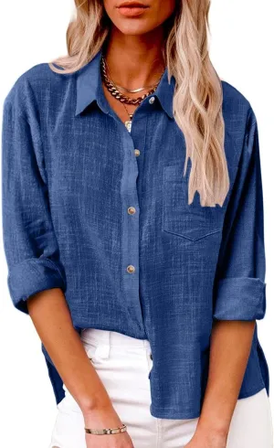 Linen Shirts for Women Button Down Plain T-Shirts Long Sleeve Collared Casual Blouses Dressy Work Tops with Pockets
