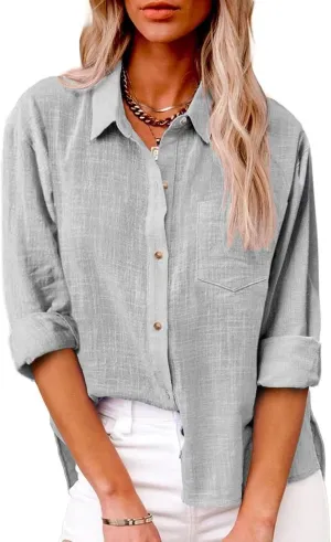 Linen Shirts for Women Button Down Plain T-Shirts Long Sleeve Collared Casual Blouses Dressy Work Tops with Pockets