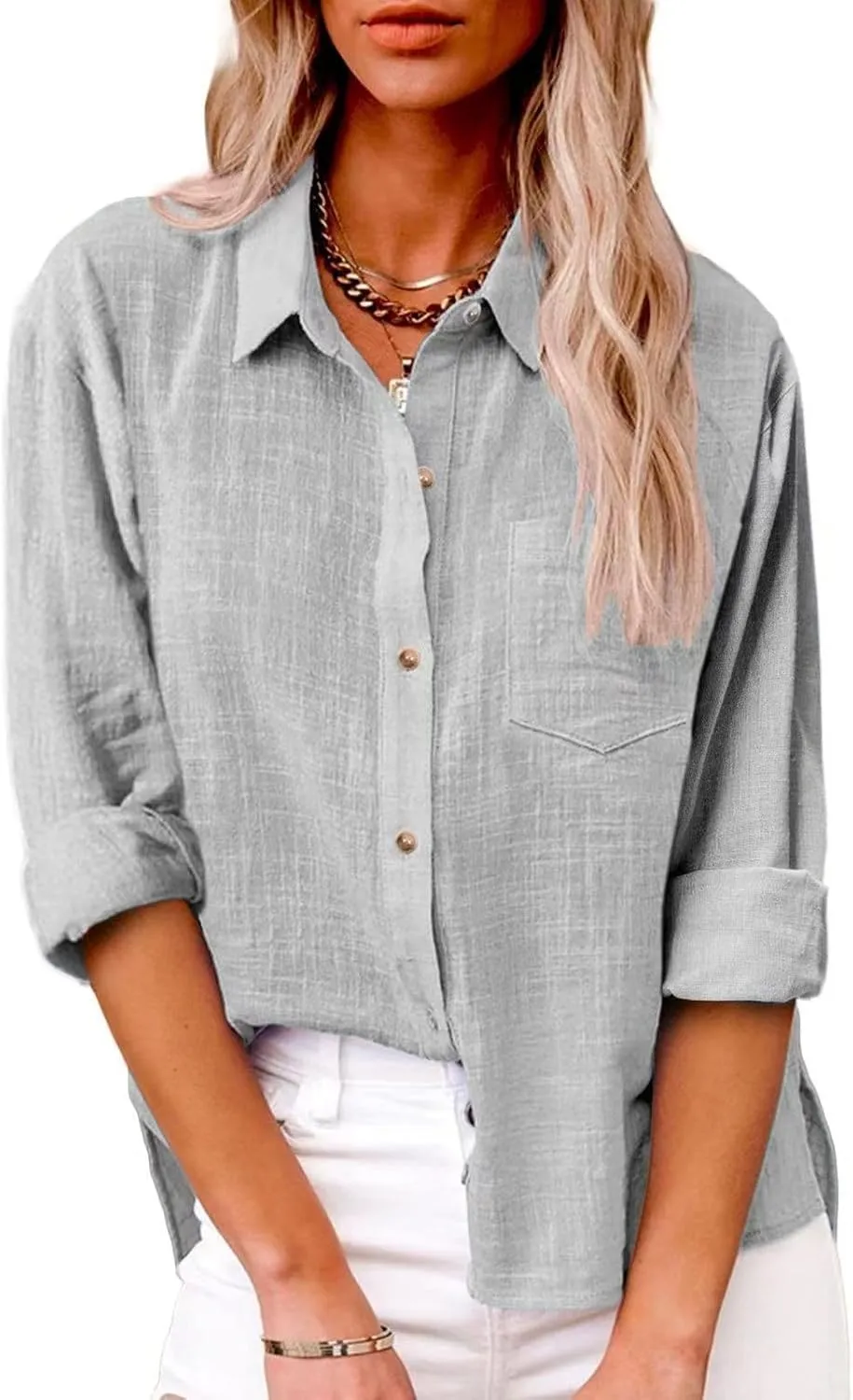 Linen Shirts for Women Button Down Plain T-Shirts Long Sleeve Collared Casual Blouses Dressy Work Tops with Pockets