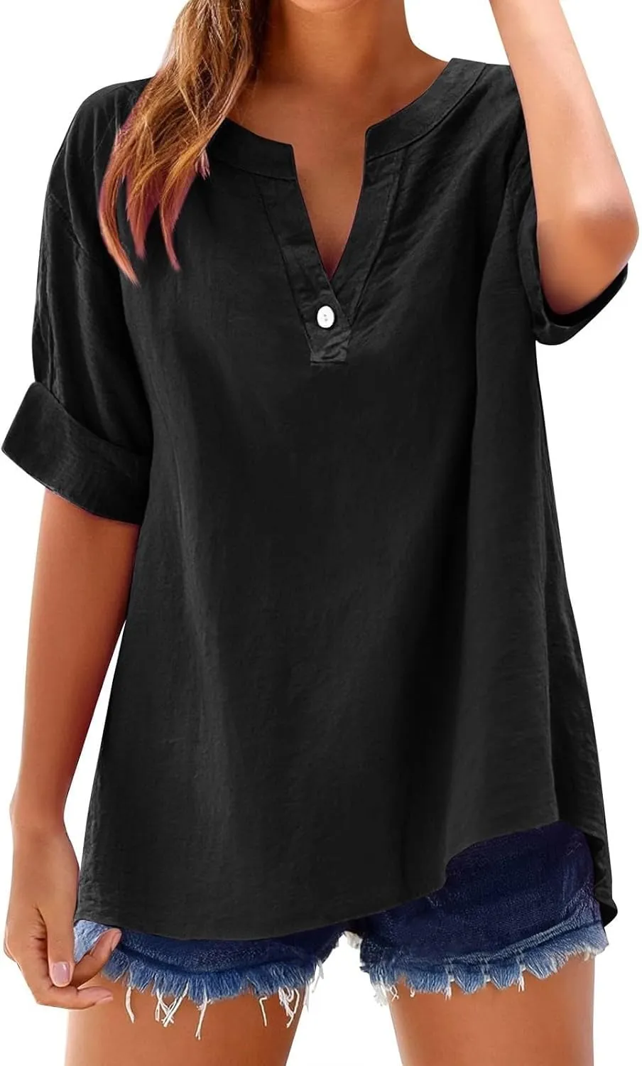 Linen Shirts for Women Summer Short Sleeve Tops V Neck Button Down Blouses Beach Vacation Clothes Casual Tunic Top