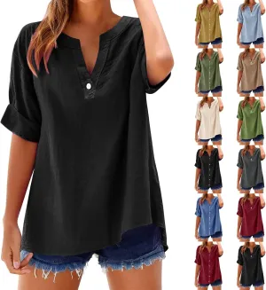 Linen Shirts for Women Summer Short Sleeve Tops V Neck Button Down Blouses Beach Vacation Clothes Casual Tunic Top