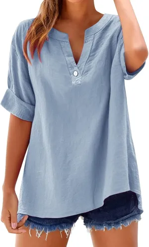 Linen Shirts for Women Summer Short Sleeve Tops V Neck Button Down Blouses Beach Vacation Clothes Casual Tunic Top