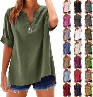 Linen Tops for Women 2025 Summer Button Down V Neck Shirts Casual Short Sleeve Loose Tshirt Cotton Linen Blouse Tees