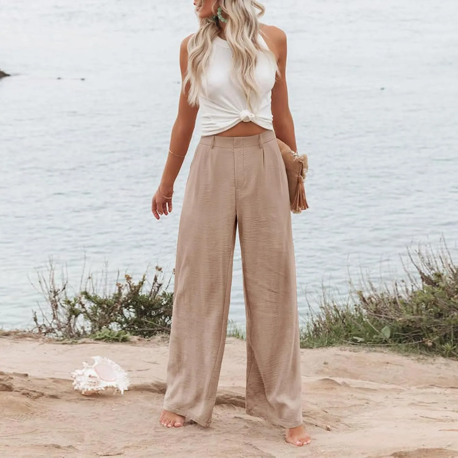 Linen Wide Leg Dress Pants Women Business Casual Elastic Waist Comfy Work Pants Lightweight Vacation Beach Trousers
