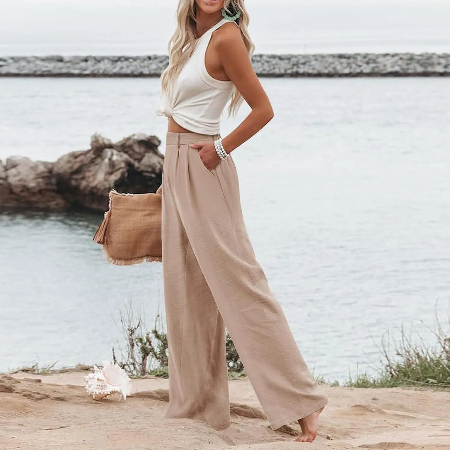 Linen Wide Leg Dress Pants Women Business Casual Elastic Waist Comfy Work Pants Lightweight Vacation Beach Trousers