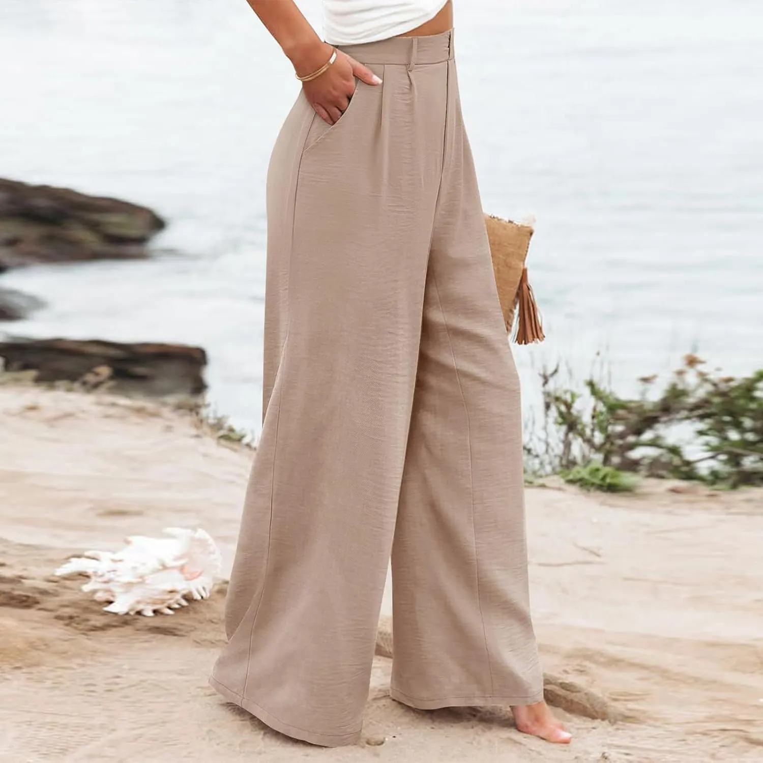 Linen Wide Leg Dress Pants Women Business Casual Elastic Waist Comfy Work Pants Lightweight Vacation Beach Trousers