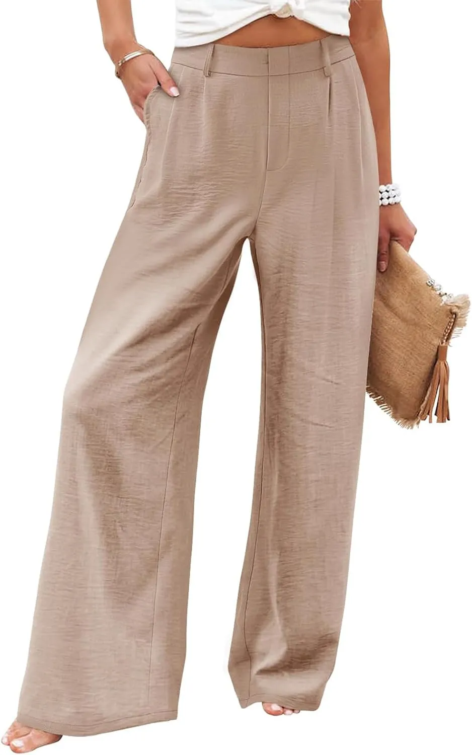 Linen Wide Leg Dress Pants Women Business Casual Elastic Waist Comfy Work Pants Lightweight Vacation Beach Trousers