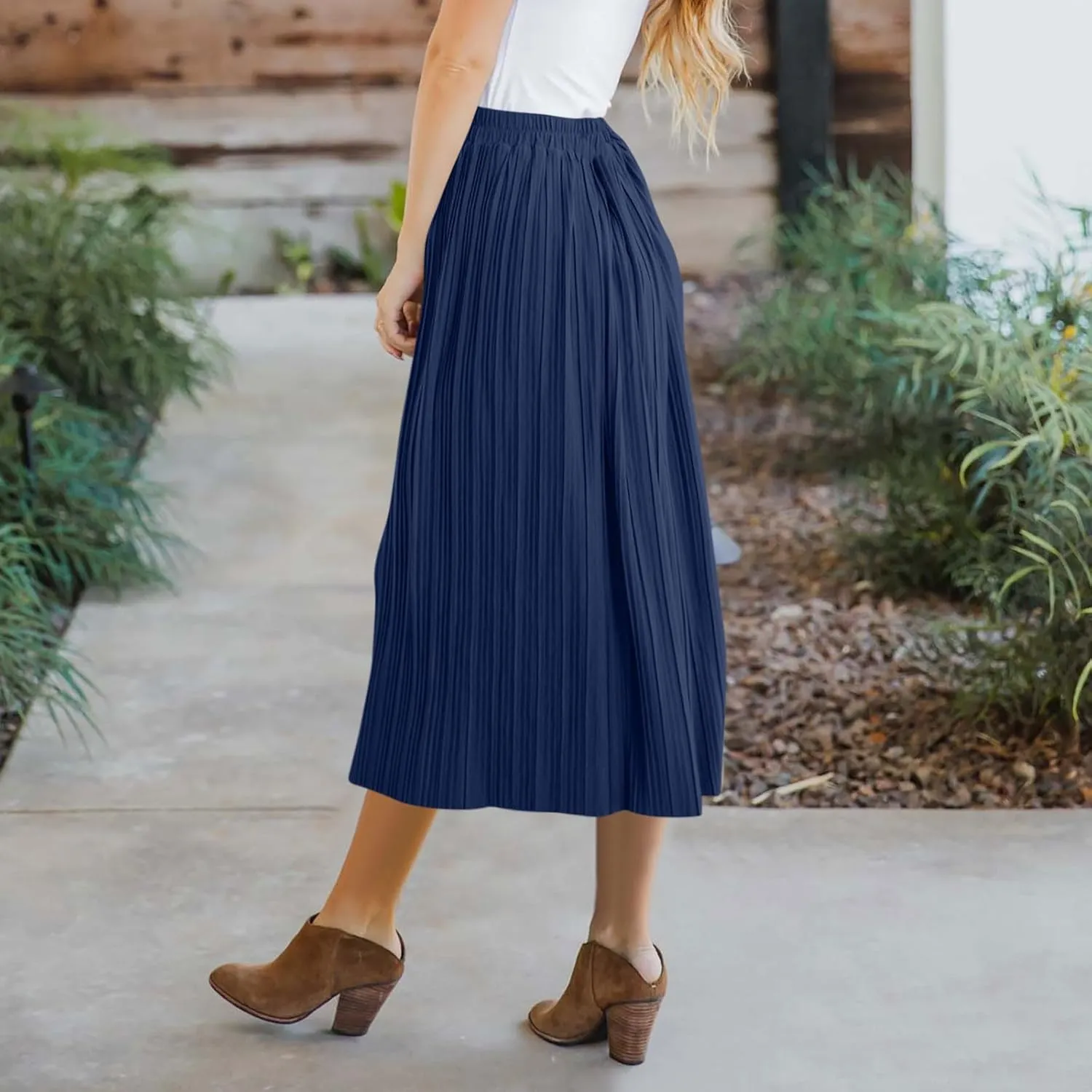Lmdudan 2025 Womens Elegant Long Pleated Skirts Trendy Button Flowy Bohemian Skirt Elastic High Waisted Work Office Skirts