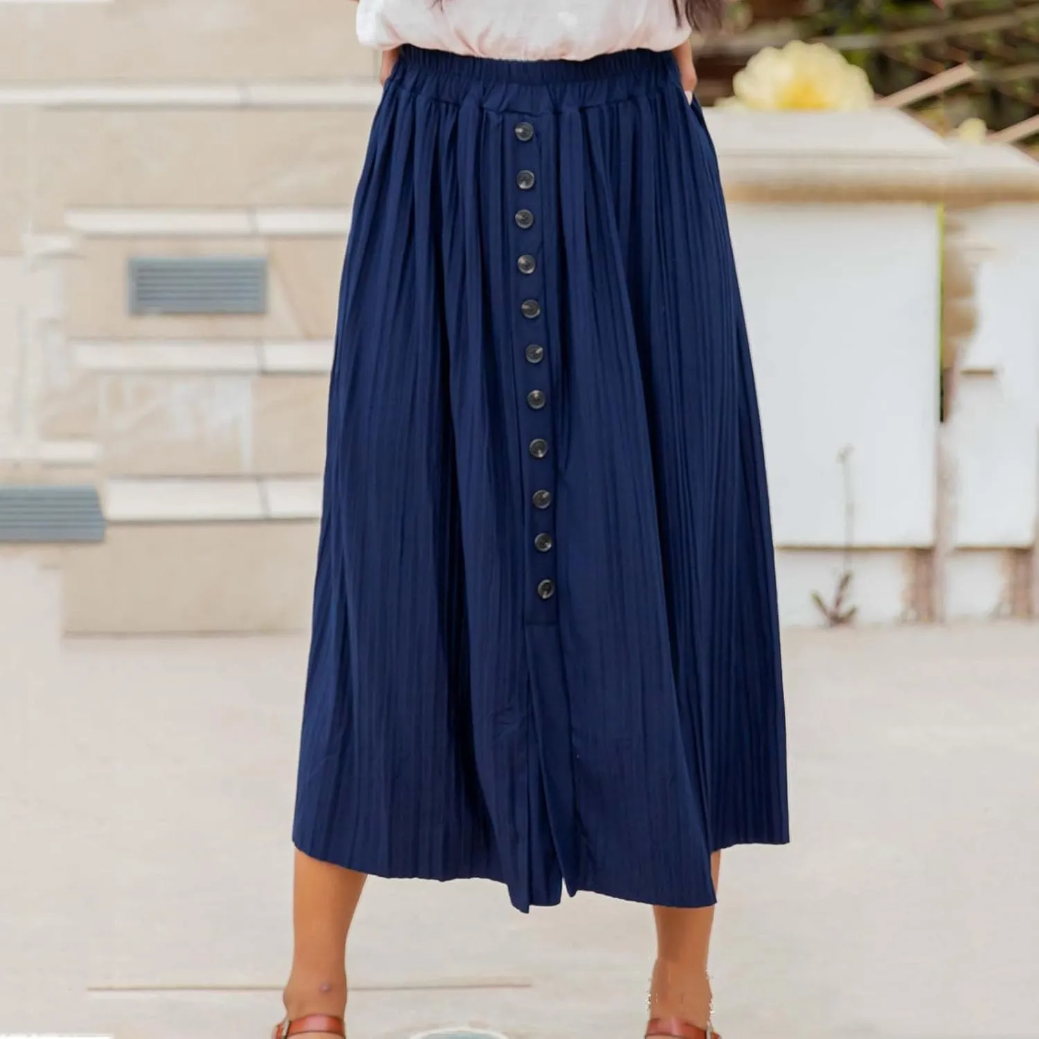 Lmdudan 2025 Womens Elegant Long Pleated Skirts Trendy Button Flowy Bohemian Skirt Elastic High Waisted Work Office Skirts
