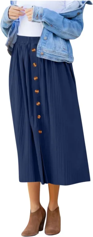 Lmdudan 2025 Womens Elegant Long Pleated Skirts Trendy Button Flowy Bohemian Skirt Elastic High Waisted Work Office Skirts