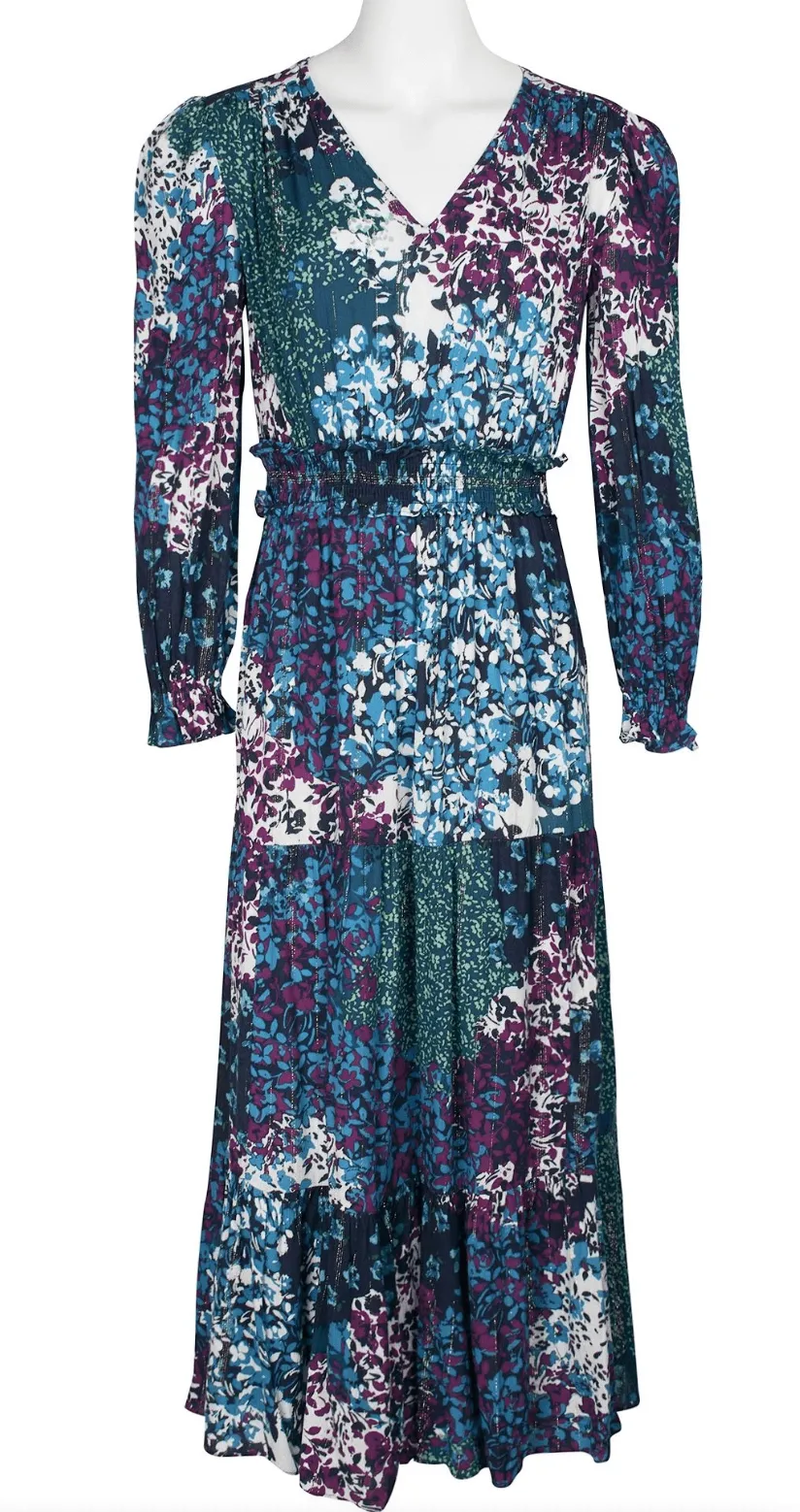 London Times V Neck Teal Long Sleeve Dress