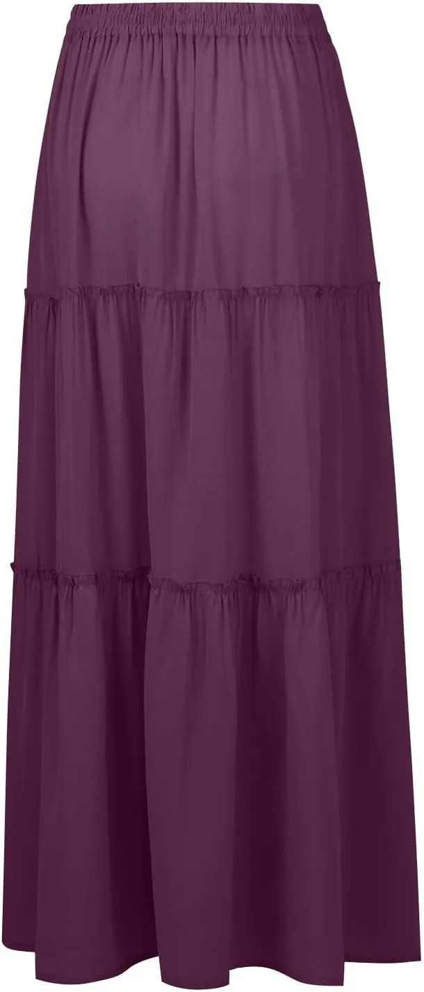 Long Skirts for Women Elegant Summer Boho Skirt Flowy Tiered Ruffle A Line Skirt Smocked Elastic Tie Waist Skirts