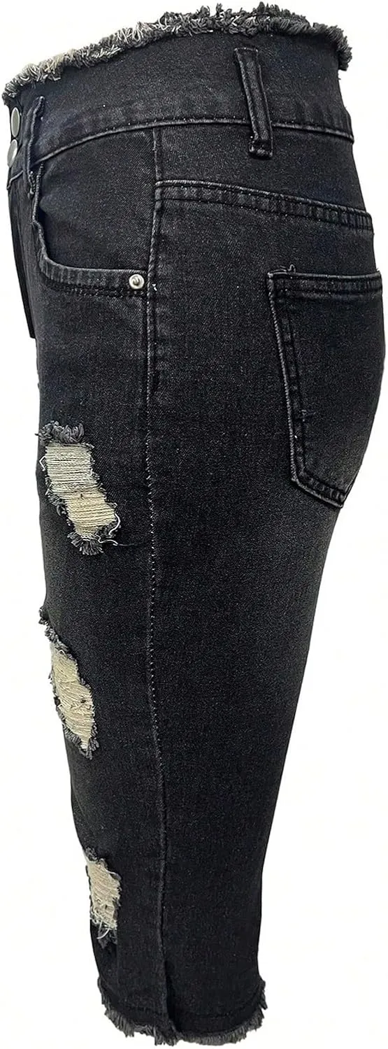 Low Rise Capri Jeans for Women Stretch Ripped Denim Cropped Pants with Pockets Sexy Skinny Y2K Distressed Jeans Capris