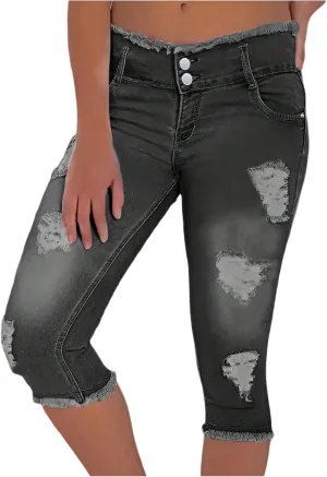 Low Rise Capri Jeans for Women Stretch Ripped Denim Cropped Pants with Pockets Sexy Skinny Y2K Distressed Jeans Capris