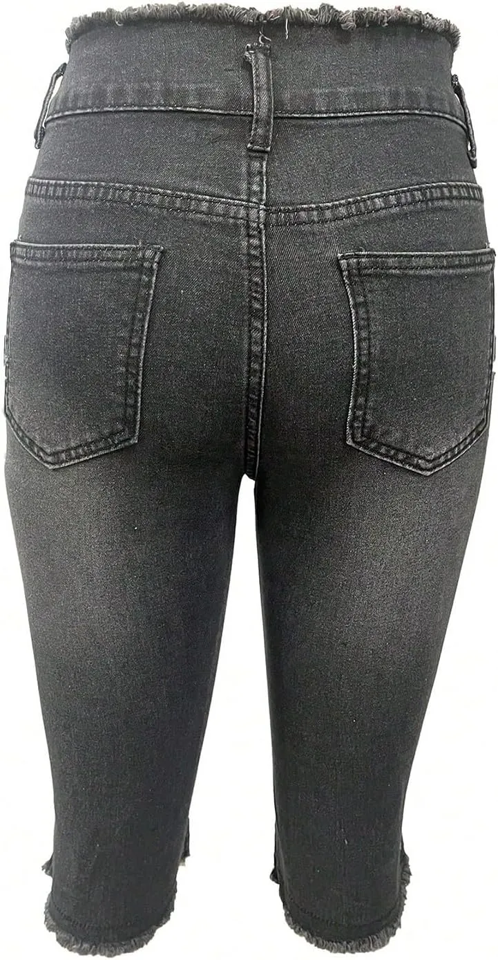 Low Rise Capri Jeans for Women Stretch Ripped Denim Cropped Pants with Pockets Sexy Skinny Y2K Distressed Jeans Capris