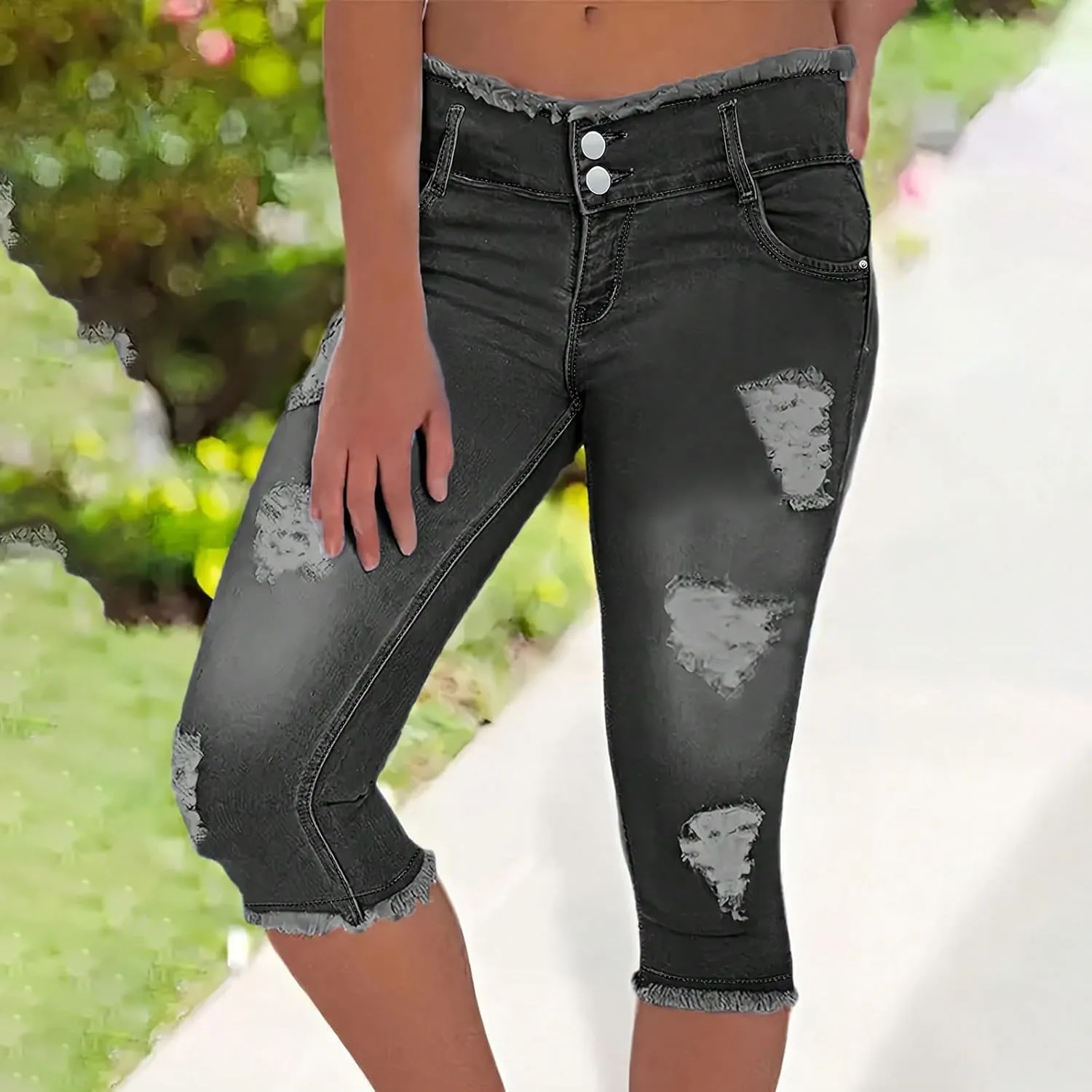Low Rise Capri Jeans for Women Stretch Ripped Denim Cropped Pants with Pockets Sexy Skinny Y2K Distressed Jeans Capris
