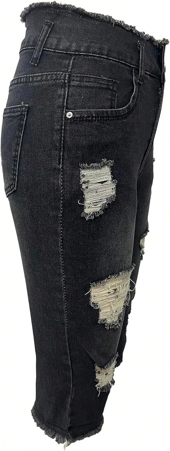 Low Rise Capri Jeans for Women Stretch Ripped Denim Cropped Pants with Pockets Sexy Skinny Y2K Distressed Jeans Capris