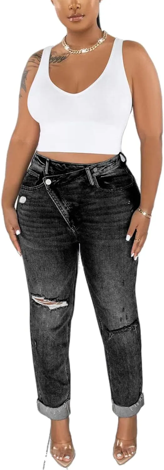 Lucuna Women's Ripped High Waisted Boyfriend Jeans Distressed Skinny Stretchy Denim Pants