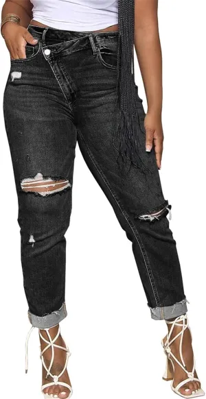 Lucuna Women's Ripped High Waisted Boyfriend Jeans Distressed Skinny Stretchy Denim Pants