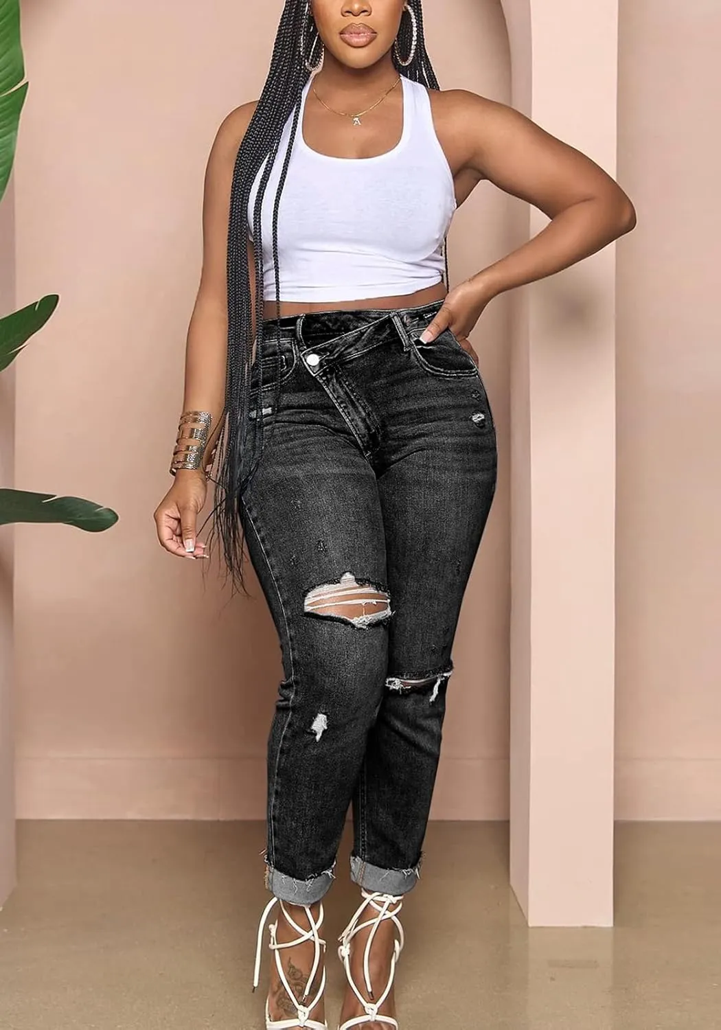 Lucuna Women's Ripped High Waisted Boyfriend Jeans Distressed Skinny Stretchy Denim Pants