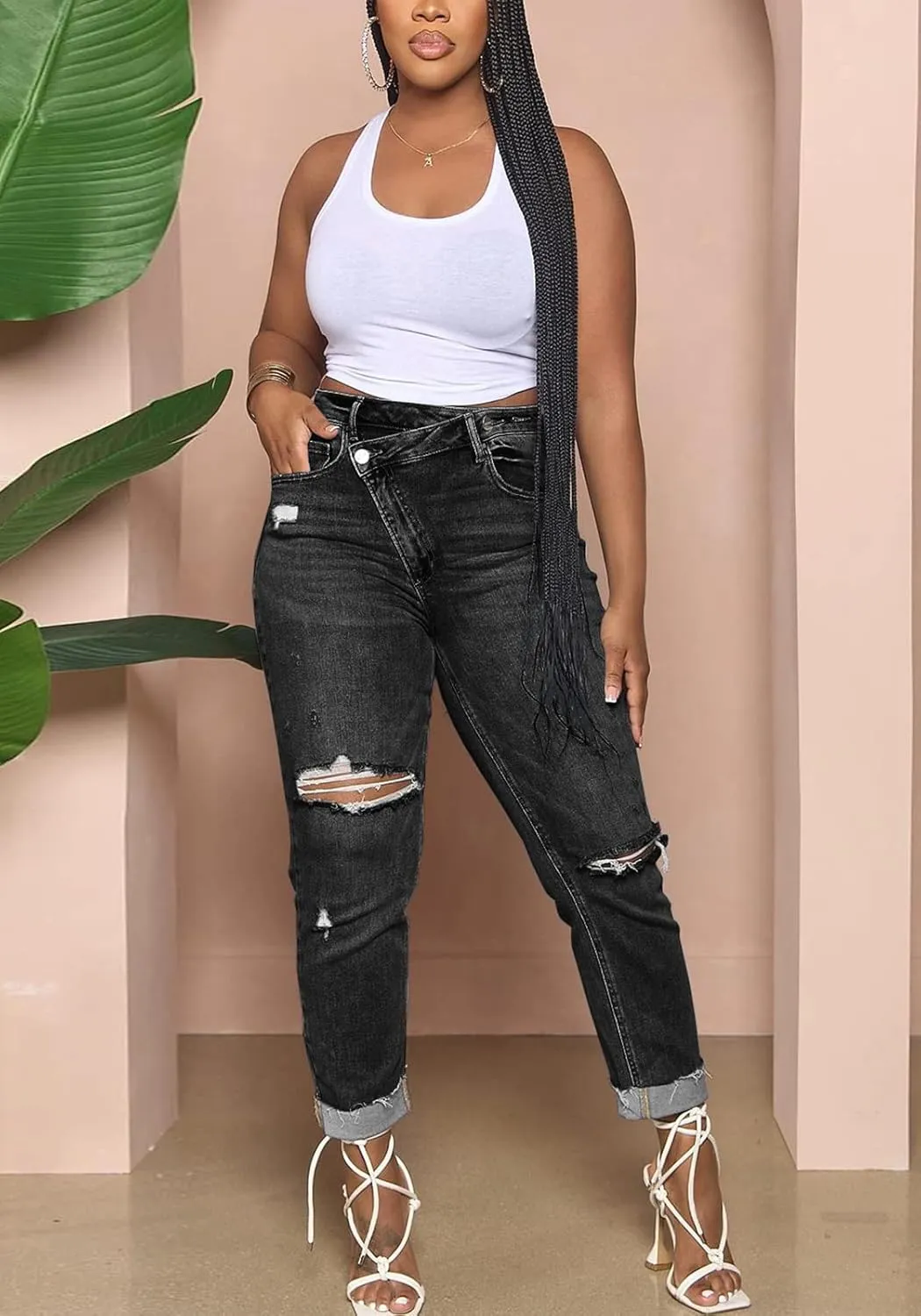 Lucuna Women's Ripped High Waisted Boyfriend Jeans Distressed Skinny Stretchy Denim Pants